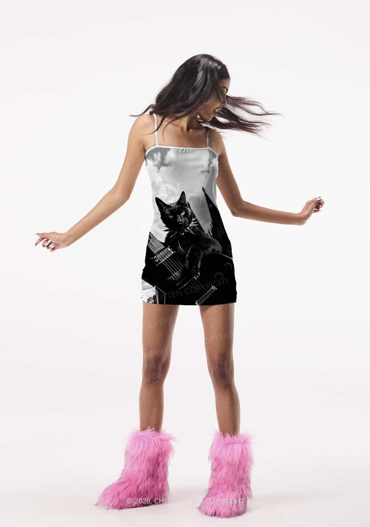 Halloween Guitar Black Cat Y2K Print Slip Dress Cherrykitten