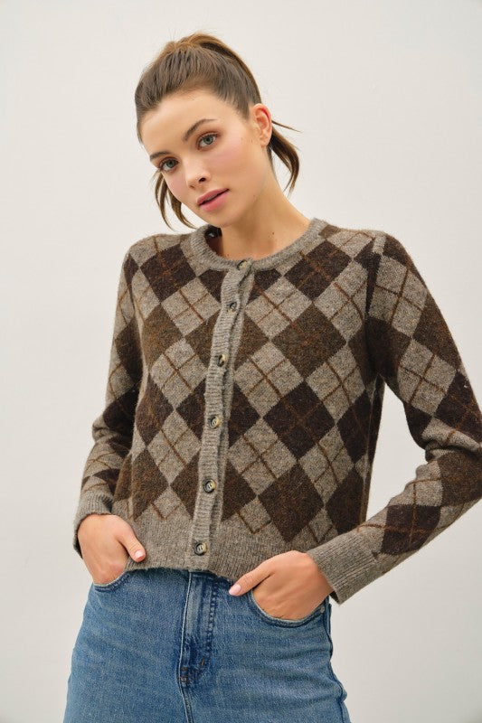 Brown Wool Blend Argyle Cardigan