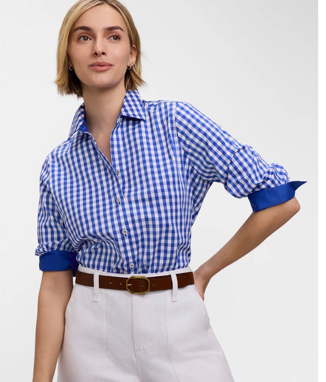 Margie Stretch Matte Sateen 3/4 Sleeve Shirt - Deep sea/ white Gingham