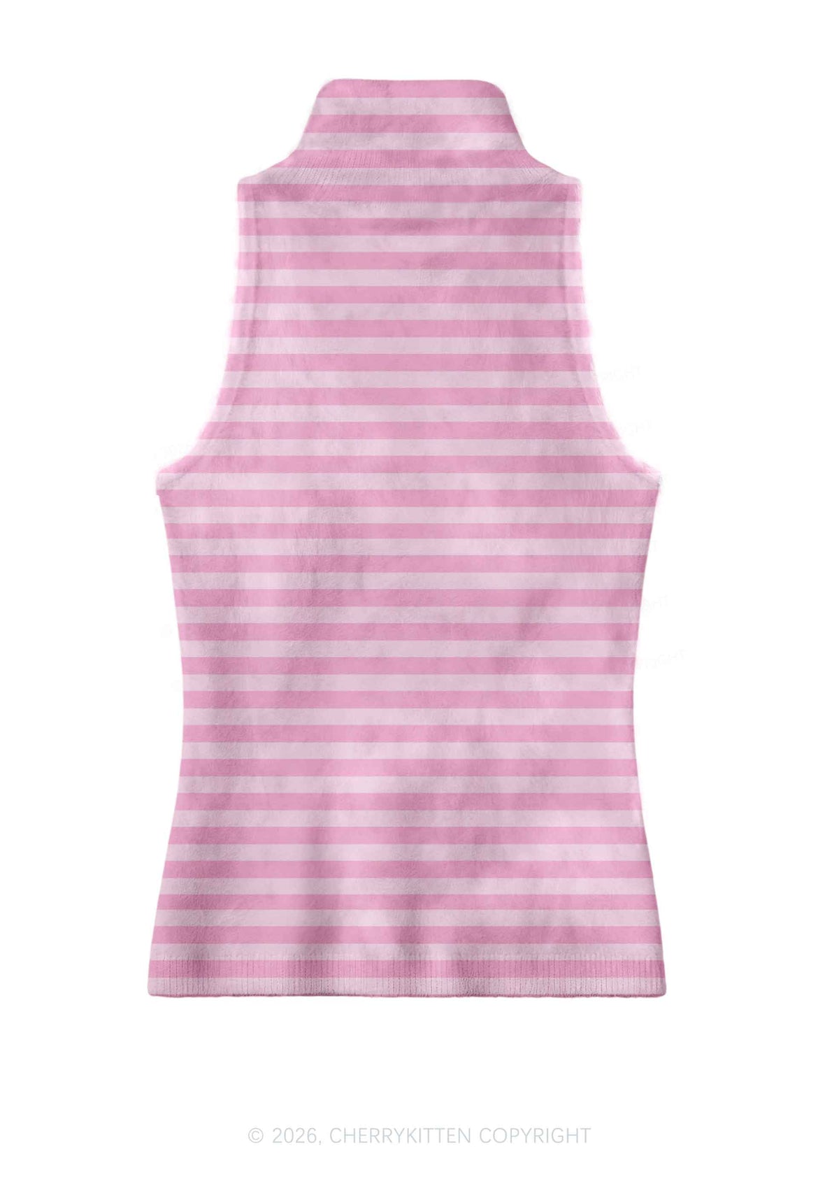 Hot Pink White Stripes Y2K Knit Turtleneck Tank Top Cherrykitten