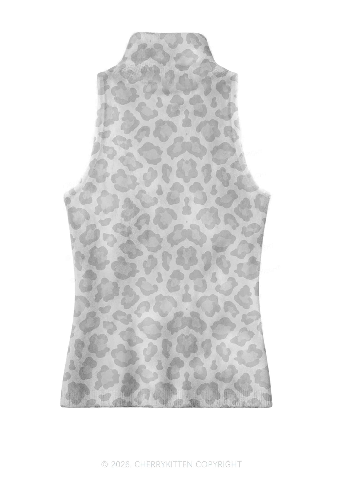 Light Grey Leopard Y2K Knit Turtleneck Tank Top Cherrykitten