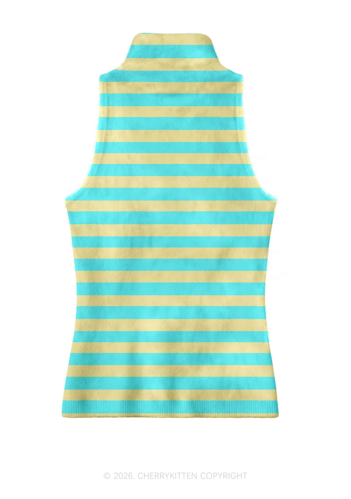 Mint Green Yellow Stripes Y2K Knit Turtleneck Tank Top Cherrykitten