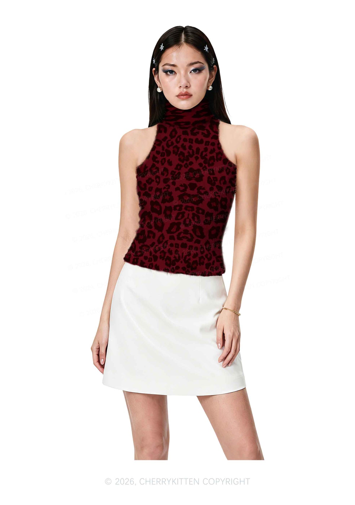 Wine Red Leopard Y2K Knit Turtleneck Tank Top Cherrykitten