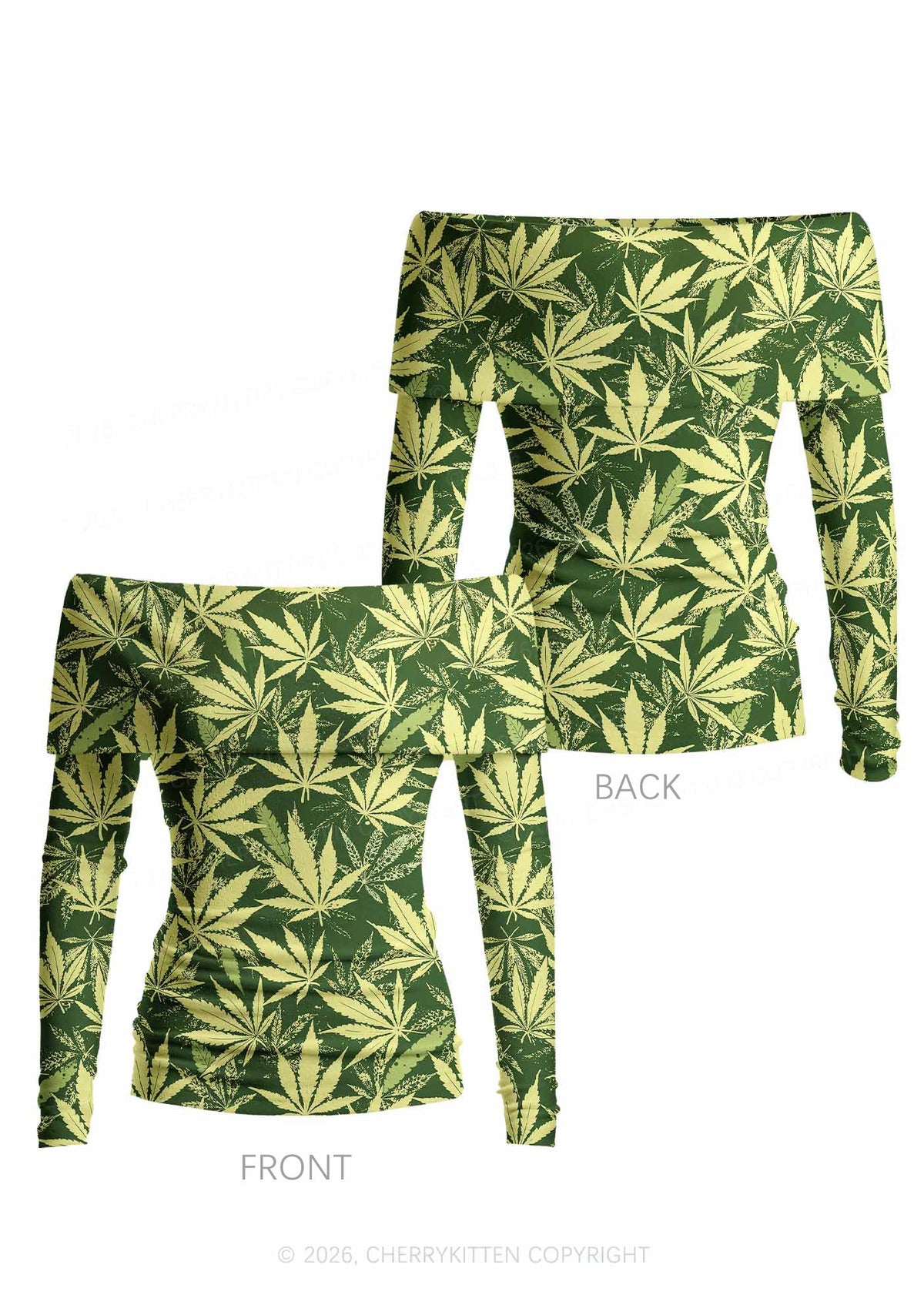 Green Wxxd Leaf Y2K Off Shoulder Fold Over Knit Top Cherrykitten
