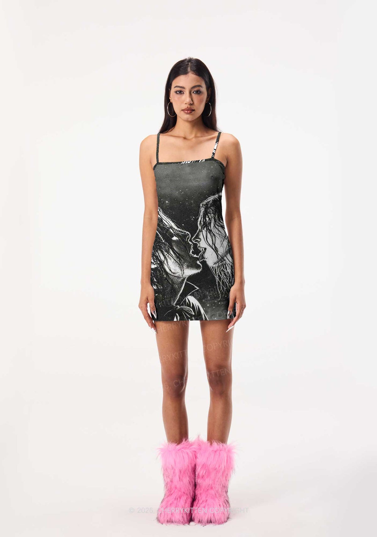 Halloween Two Vampire Figures Y2K Print Slip Dress Cherrykitten