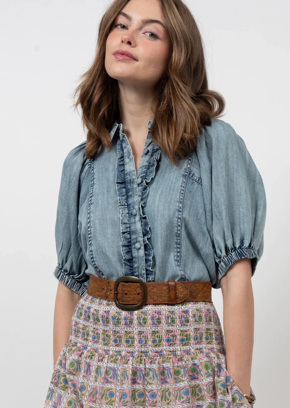 Puff Ruffle Sleeve Top - Indigo