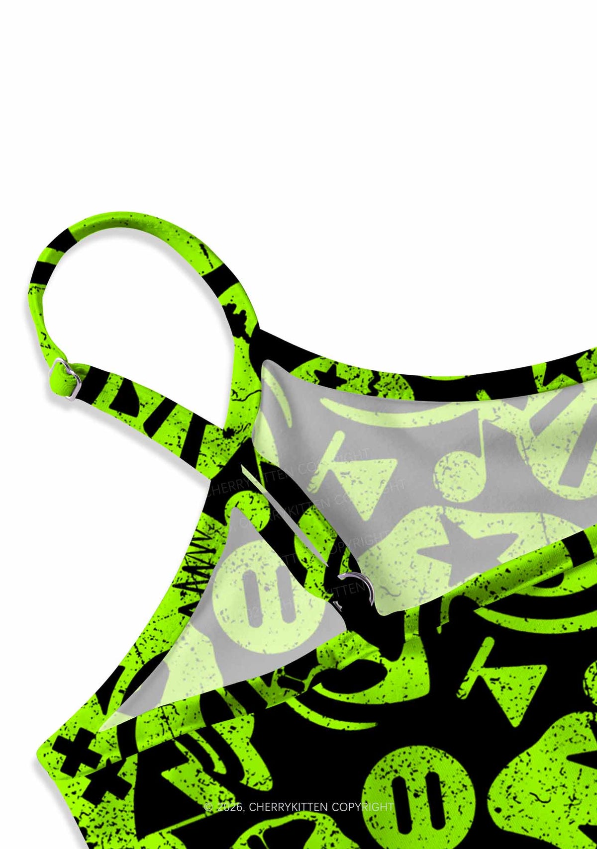 Green Alien Doodle Y2K Print Slip Dress Cherrykitten