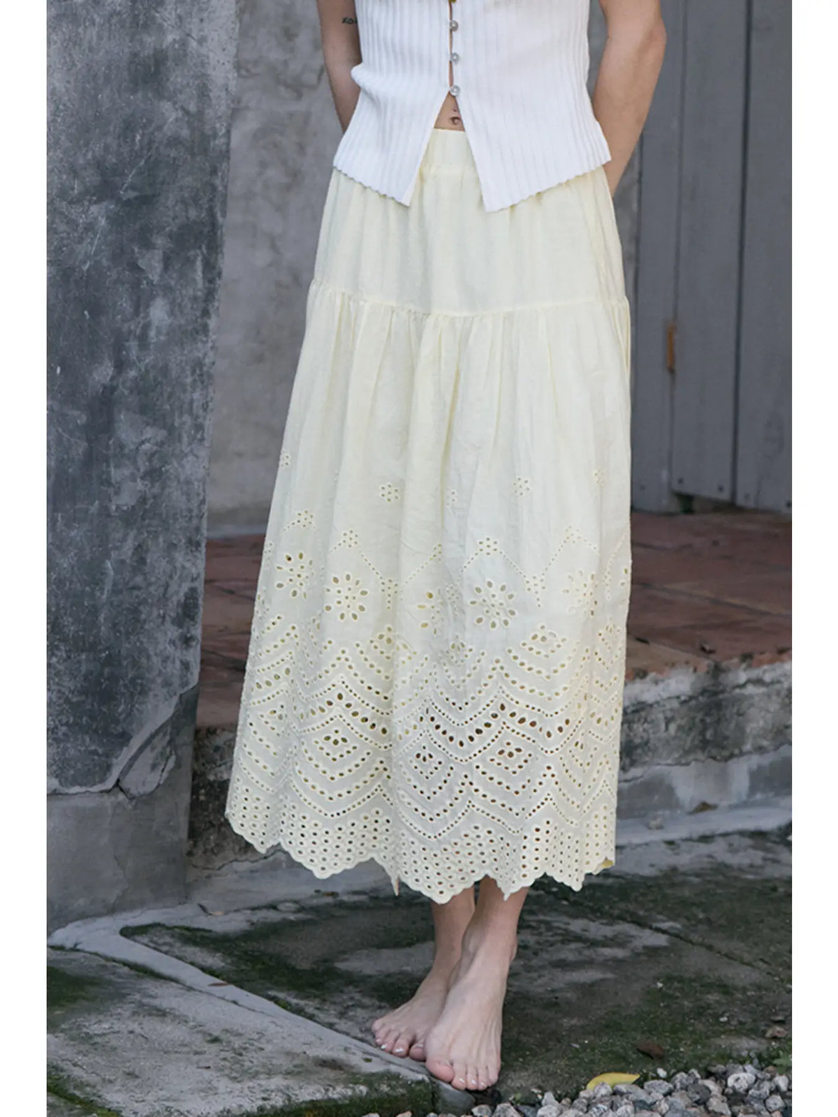 Tiered Embroidered Eyelet Midi Skirt- Butter