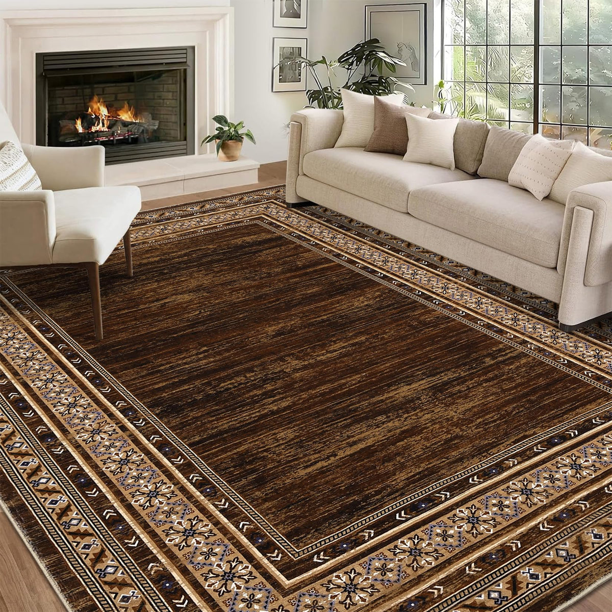 8x10 Red Brown Geometric Area Rug, Washable Non-Slip