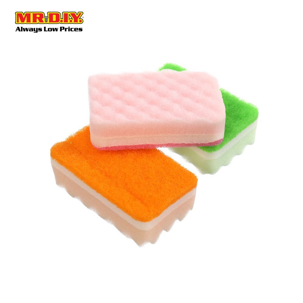 (MR.DIY) Dual-Sided Colourful Sponge Scouring 3pcs (11cm X 7cm)