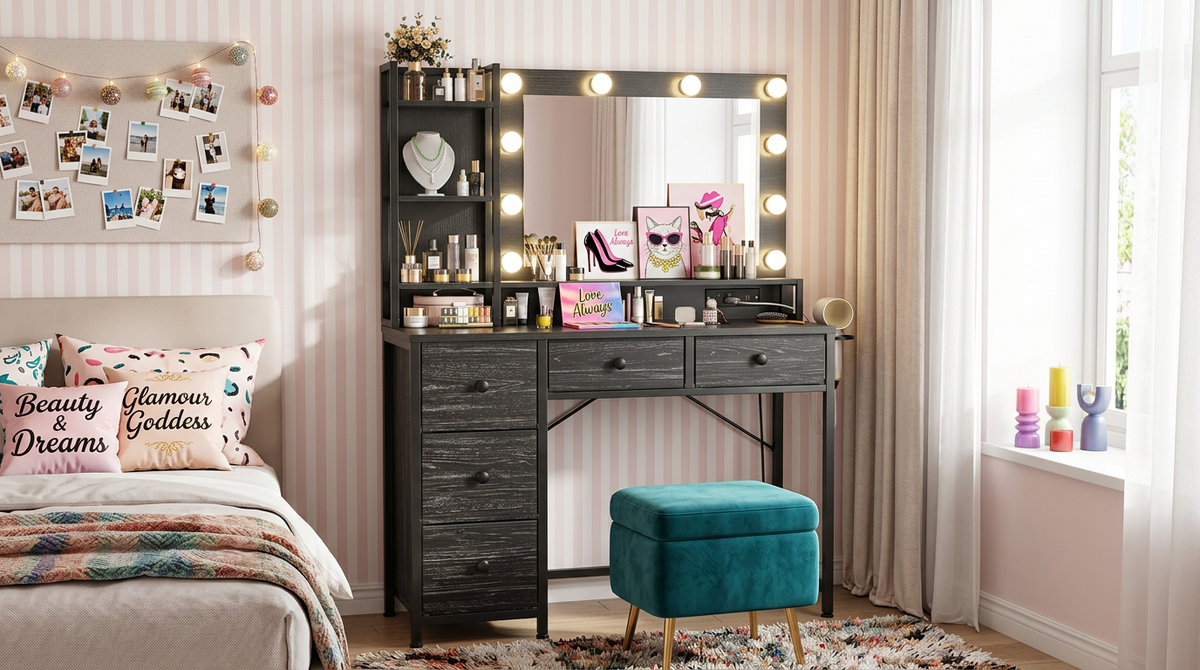 Black LED Vanity with 3-Color Lighting, 2 USB Ports, 5 Drawers & Hair Dryer Rack