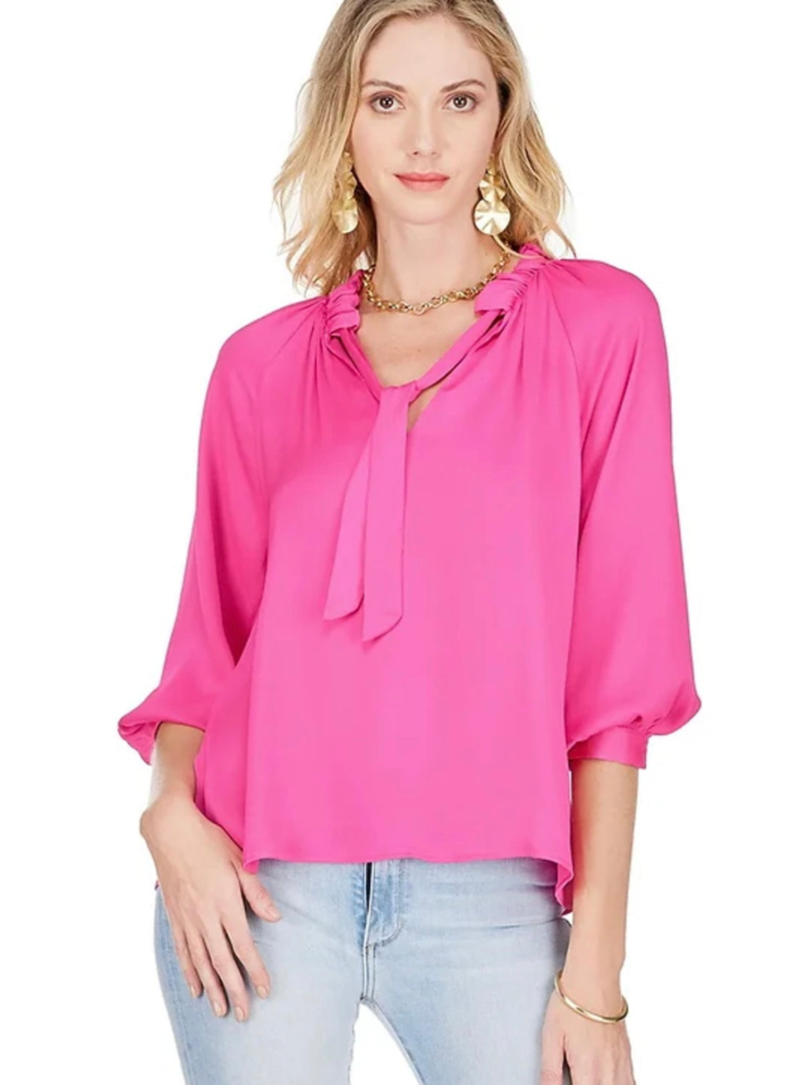 Runch Neck Peasant Top - Fuchsia