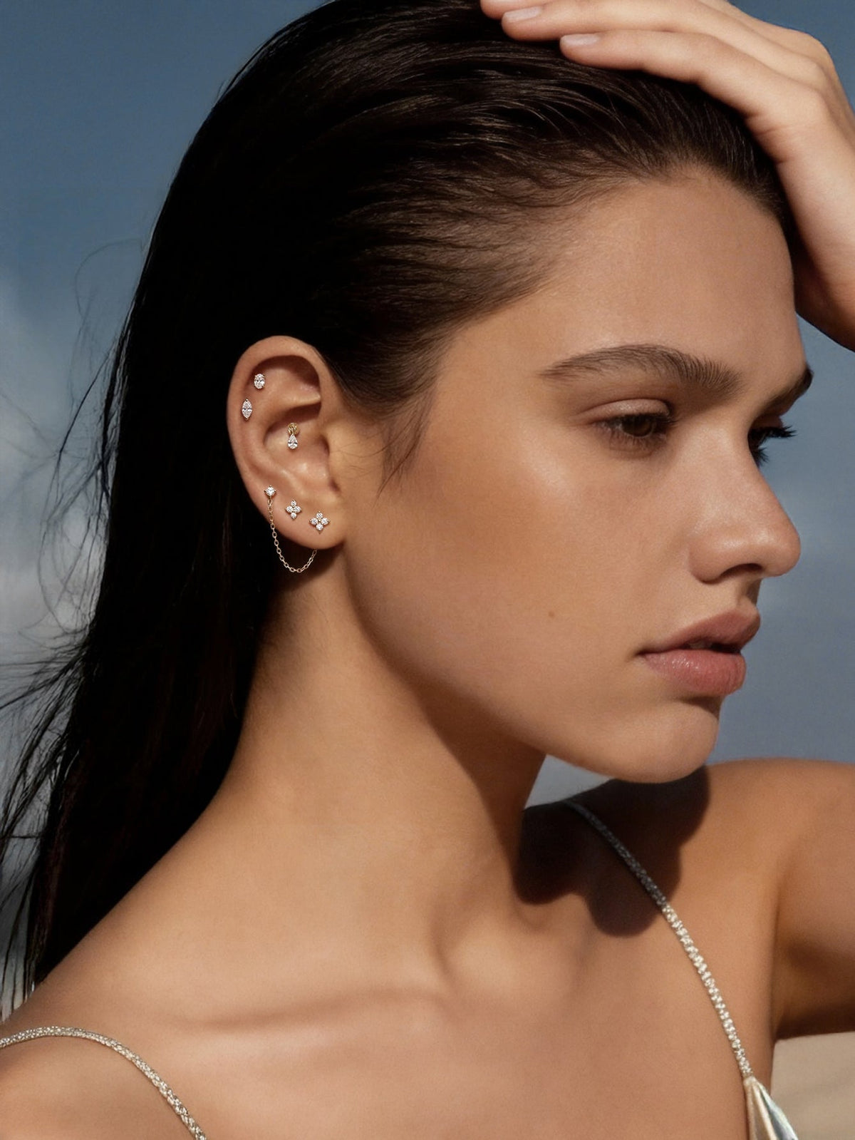 KOSINER 14K Solid Gold Lab-Grown Diamond Chain Drop Stud