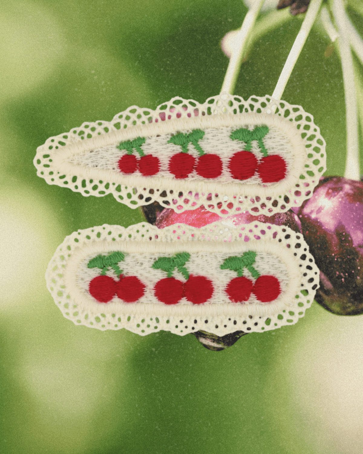 Knit Cherries Embroidered Hairclip Set