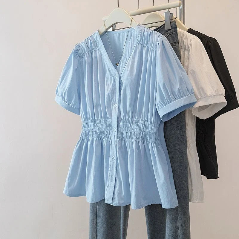 200 Pounds Plus Size Elastic Waist Office Lady Trend Shirt And Blouse Short Sleeve Solid Top Women Clothing V-neck French Chic