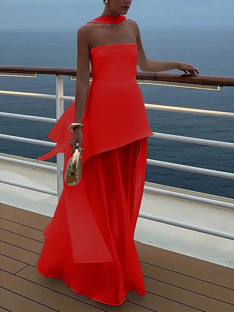 Summer New Women Dresses Streetwear Fashion Ribbon Zippers Split Maxi Dress Solid Sexy Sleeveless Strapless Lady Dress Clothing