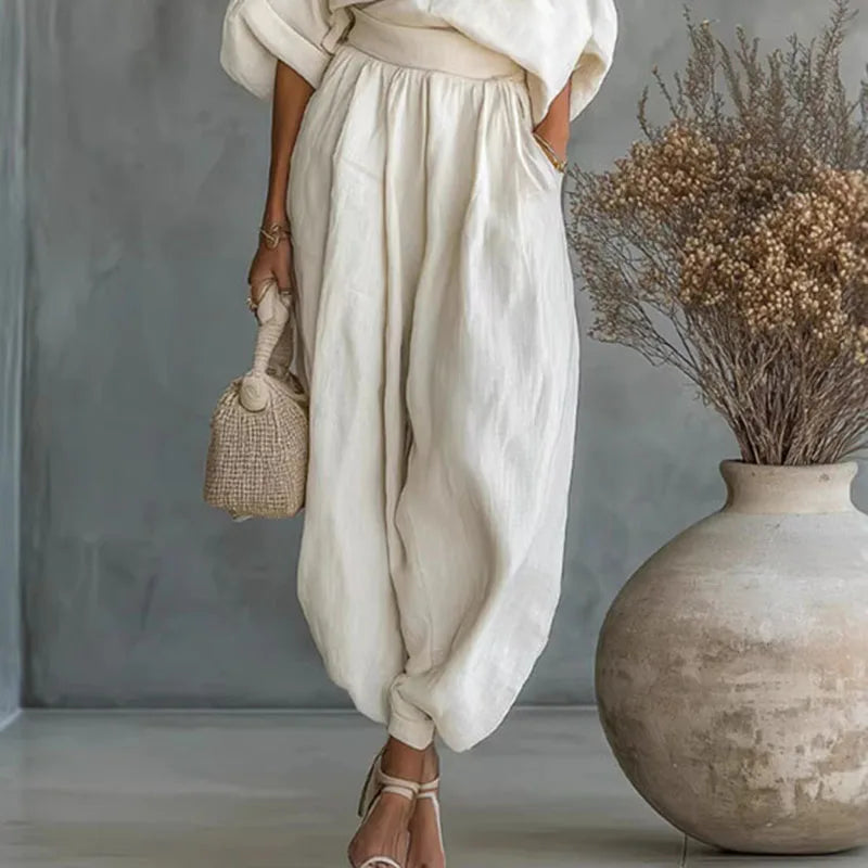 Elegant Skew Collar Long Sleeve Top & Casual Pants Set Woman Sexy Hollow Out Solid Suit Outfit Spring Fall Loose Female Clothing