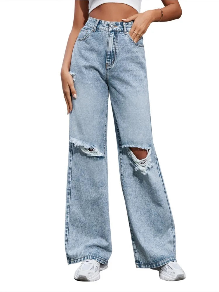 Summer Y2k Ripped Wide Leg Baggy Jeans Women 2024 Fashion High Waist New In Denim Pants Trousers Casual