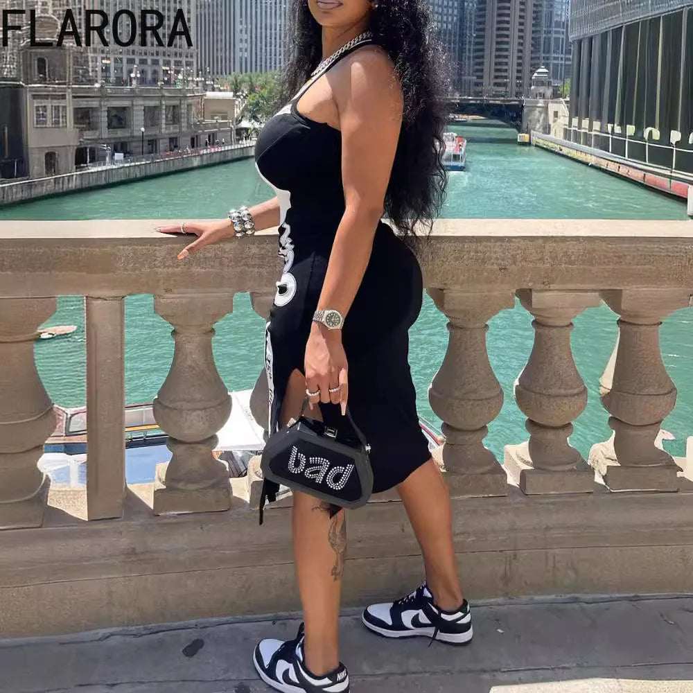 FLARORA Fashion Y2k Letter Print Bodycon Dresse Woman Round Neck Sleeveless Slim Fit Dress Female Streetwear Vestidos Summer New