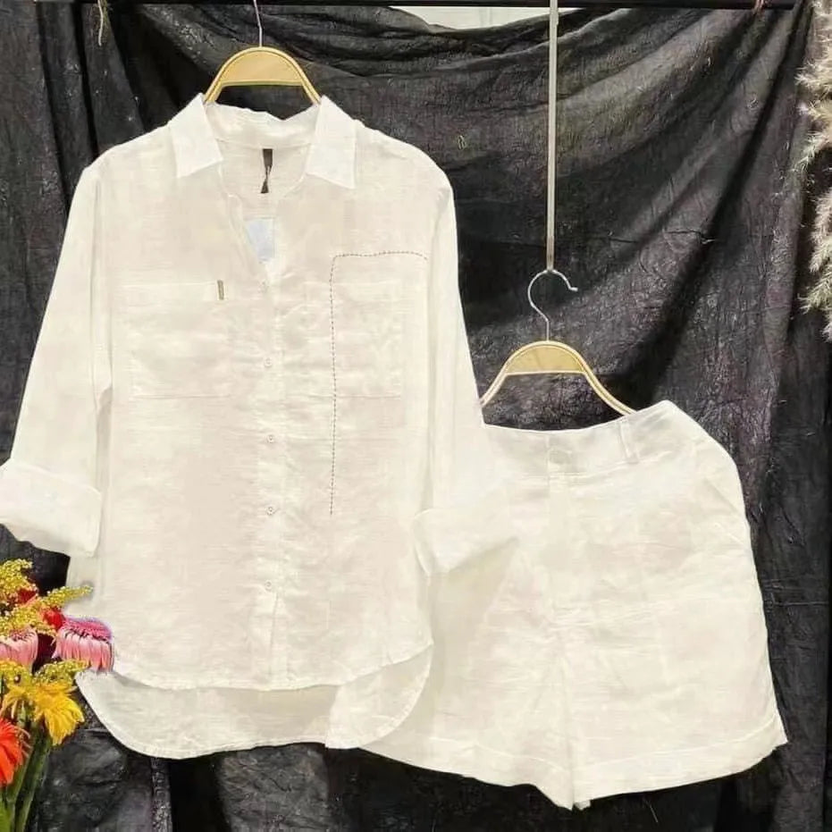 Fashion White Long Sleeve Shirt And Shorts Two Piece Sets Outfit Summer Cotton Linen Casual Home 2 Piece Set For Women Suits