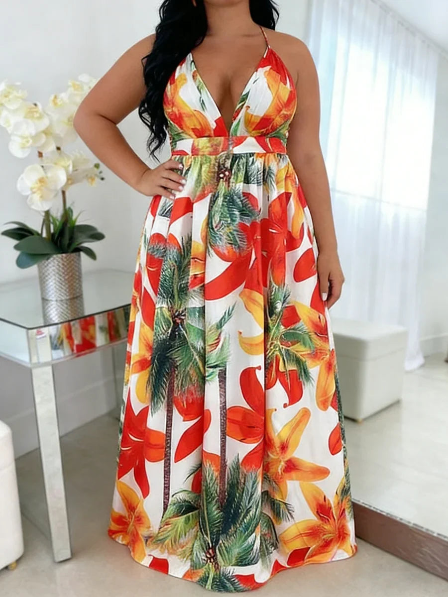 Plus Size Women's Dress Halter Neck Deep V Tropical Print High Waist Maxi Dress Boho Spring Summer Beach Vacation Light Dress