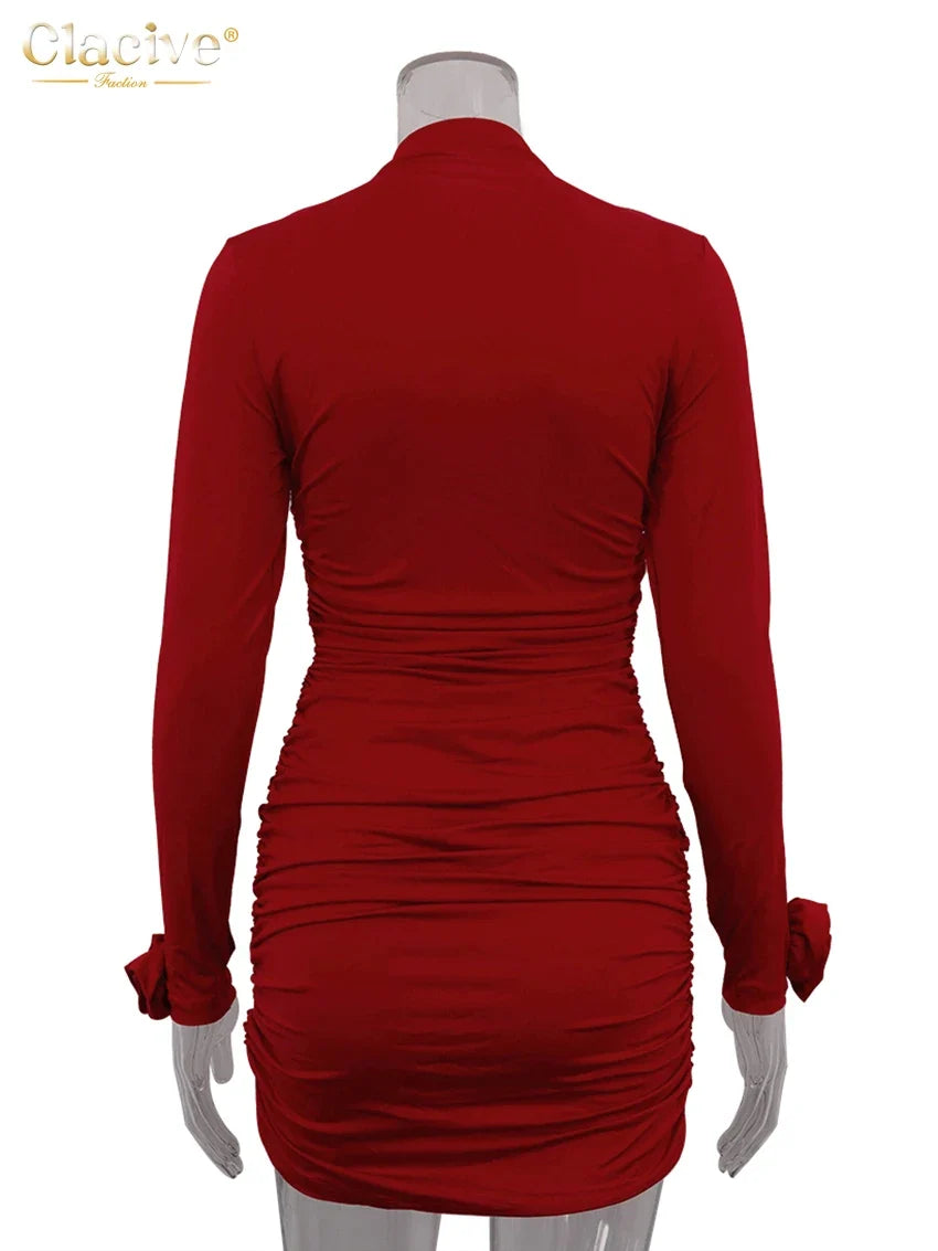Clacive Bodycon Red Knitted Women's Dress 2024 Fashion Stand Collar Long Sleeve Mini Dresses Elegant Classic Ruched Female Dress