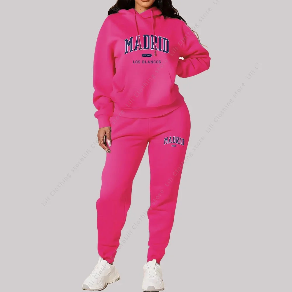 New Ladies TrackSuit Autumn Winter Hoodies Sweatshirts Sweatpants 2 Piece Outfits Madrid Print Trend Sportwear Women Pants Sets