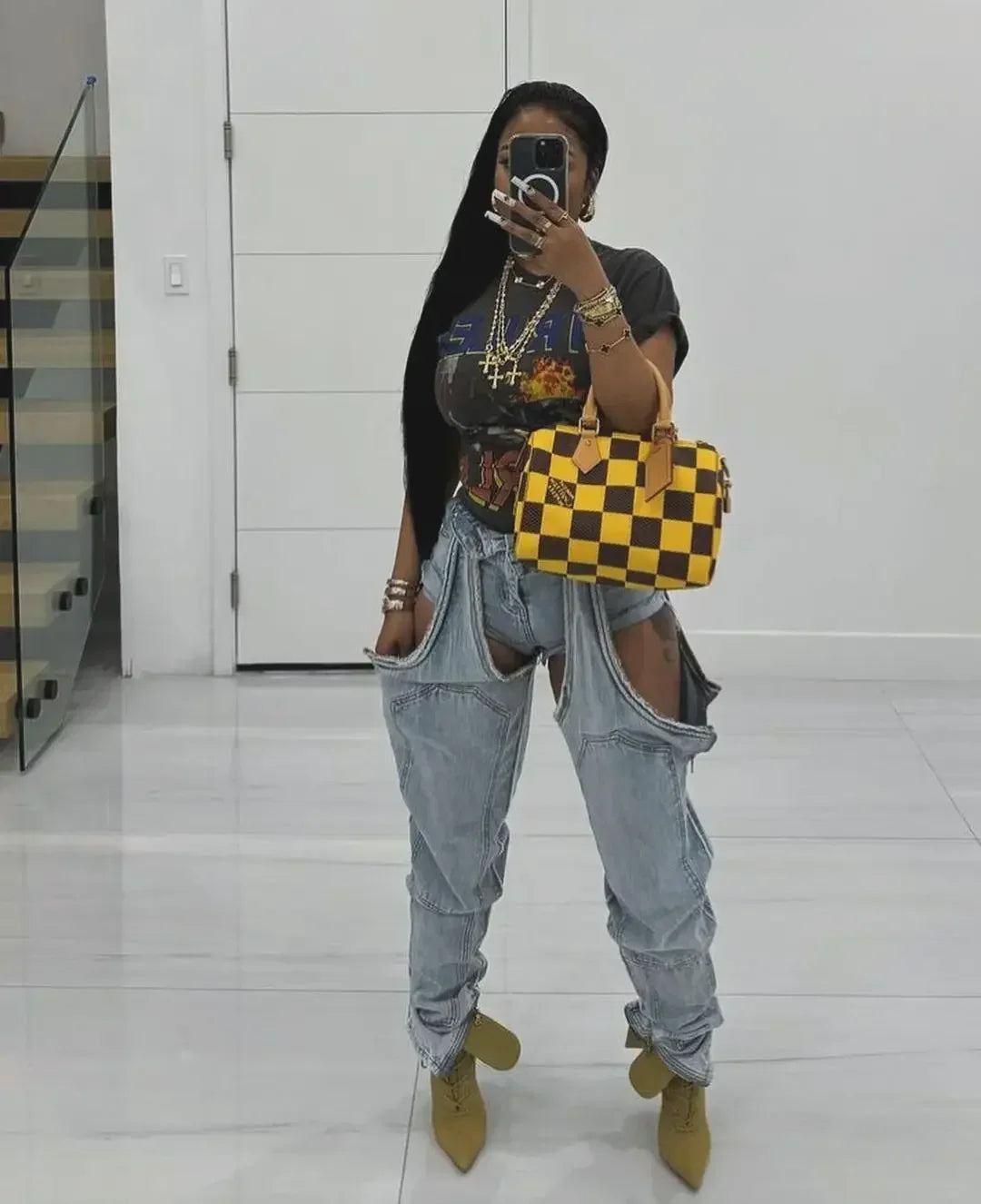 Jeans Women Straight Pants Hollow Out Zipper High Strecth Pockets Irregular Denims Vintage Distressed Streetwear 2025 Trousers