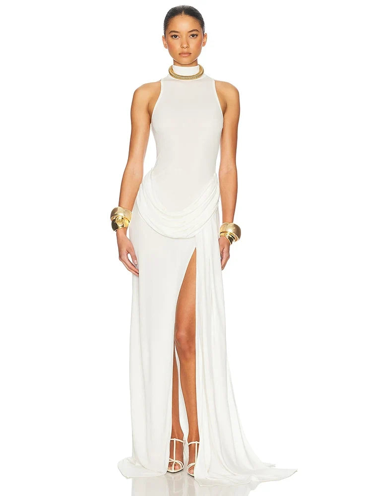 Blifanbo Turtleneck Off-shoulder Sleeveless Thigh Split High Waist Pleated Maxi Dress For Women Elegant Fashion Club Party Dress