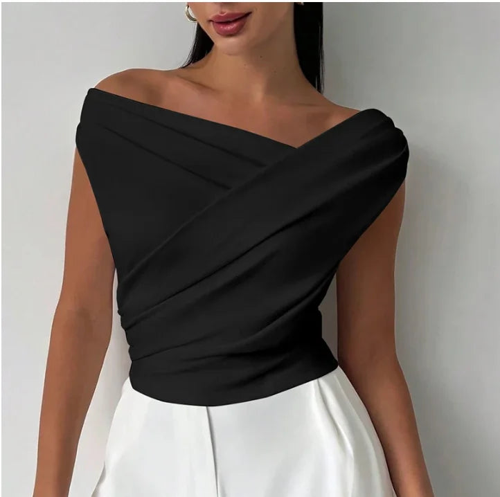 Fashion Simple Office Tops Female Slash Neck Sleeveless Blouse shirts For Women Elegant Summer Women Shirt White Black
