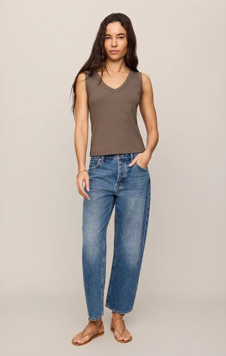 Ellie Rib V Neck Tank- Pebble Coast