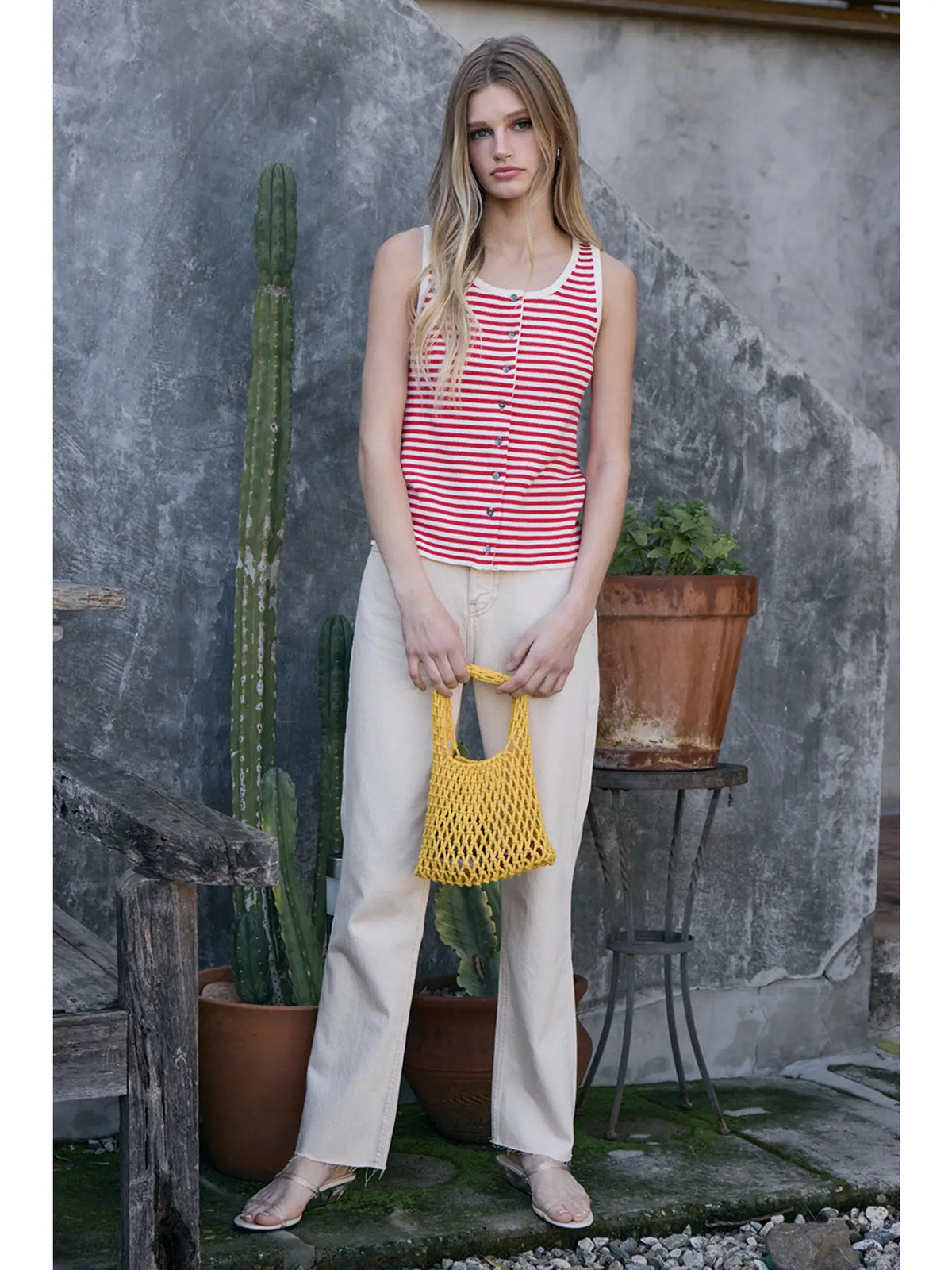 Red Striped Knit Button Tank Top