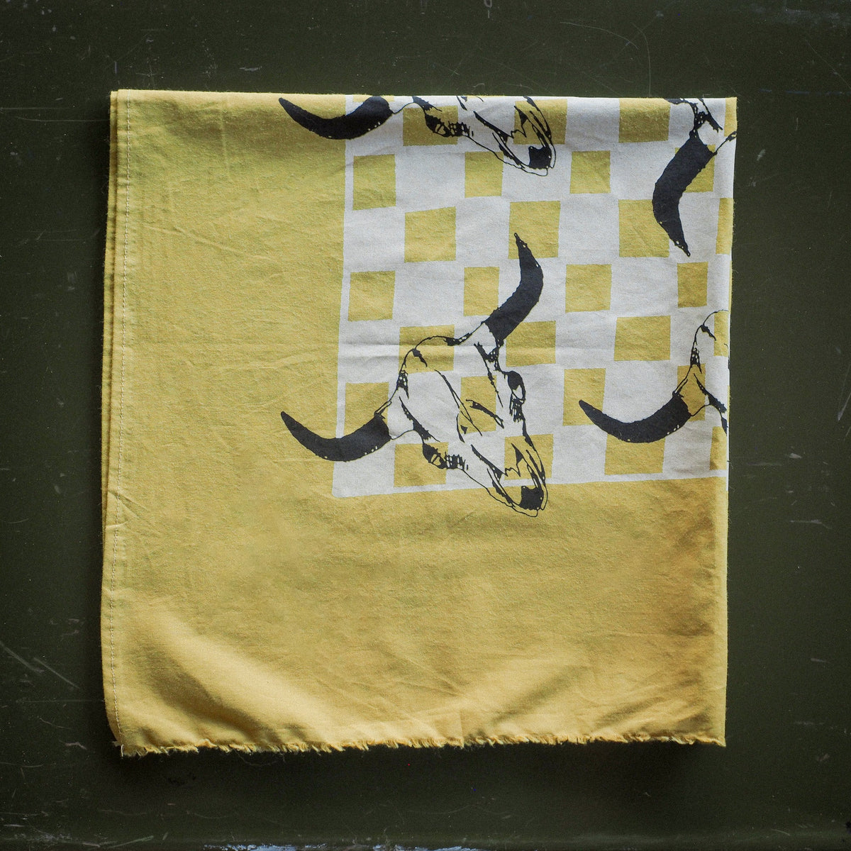 "Bison Skull" Check Bandana - Mustard