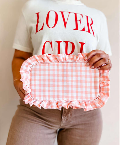 Gingham Ruffle Zipper Pouch - Peach