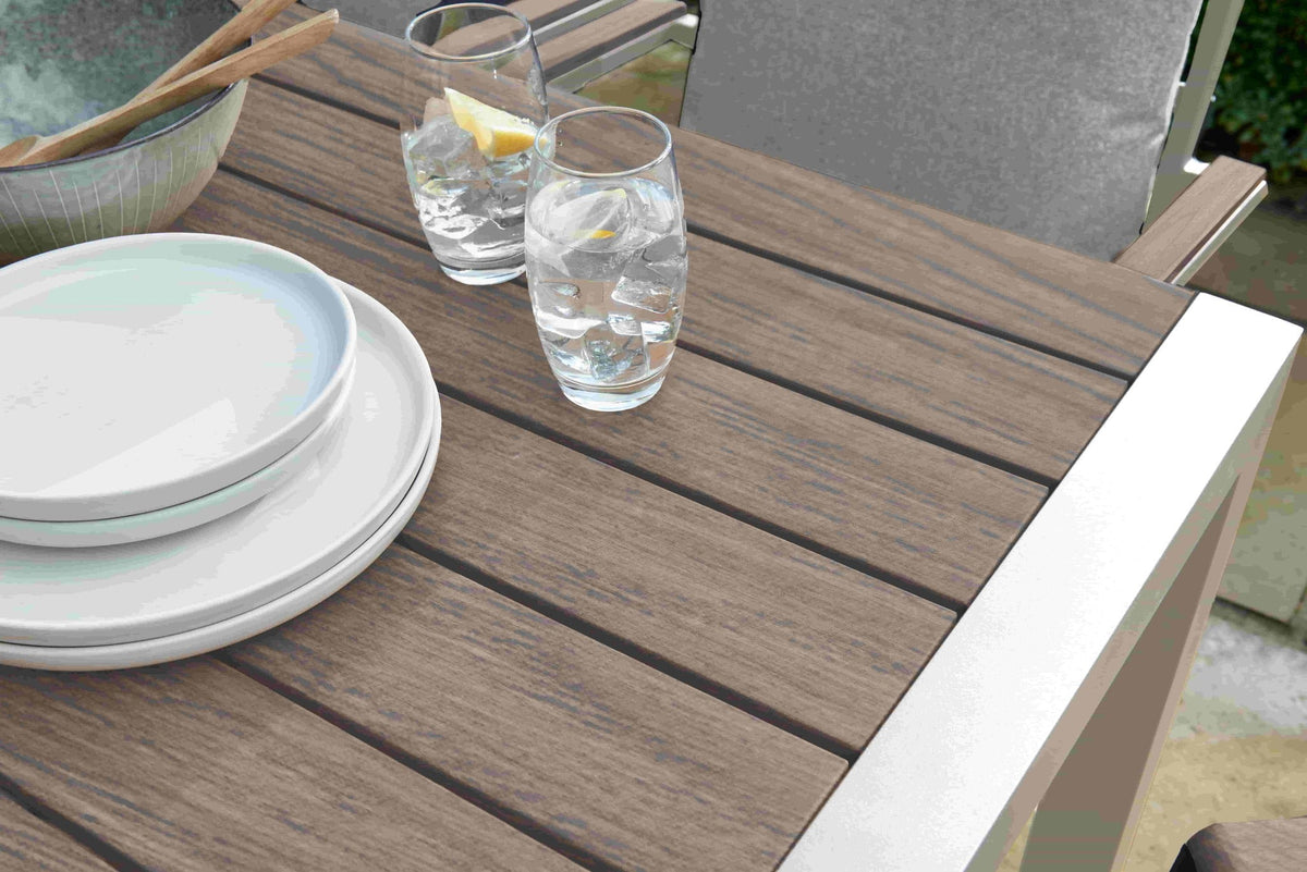 Easton 6 Seater Outdoor Dining Set (Beige) – Teak Effect Table