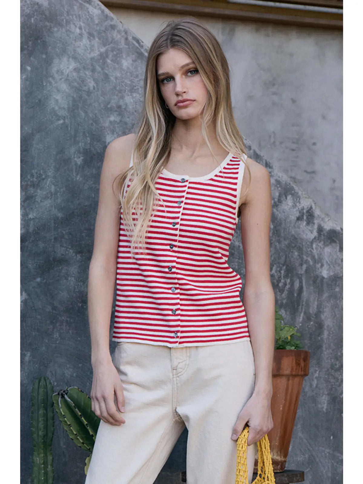 Red Striped Knit Button Tank Top