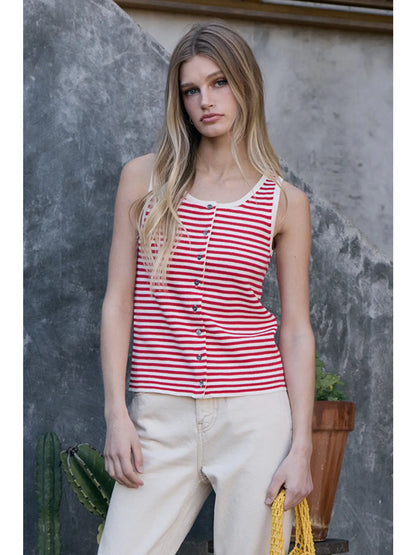 Red Striped Knit Button Tank Top