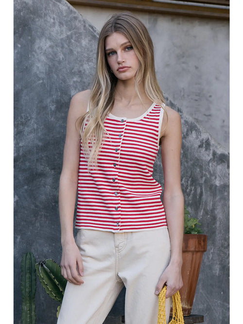 Red Striped Knit Button Tank Top