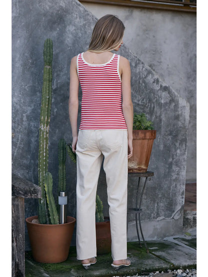 Red Striped Knit Button Tank Top