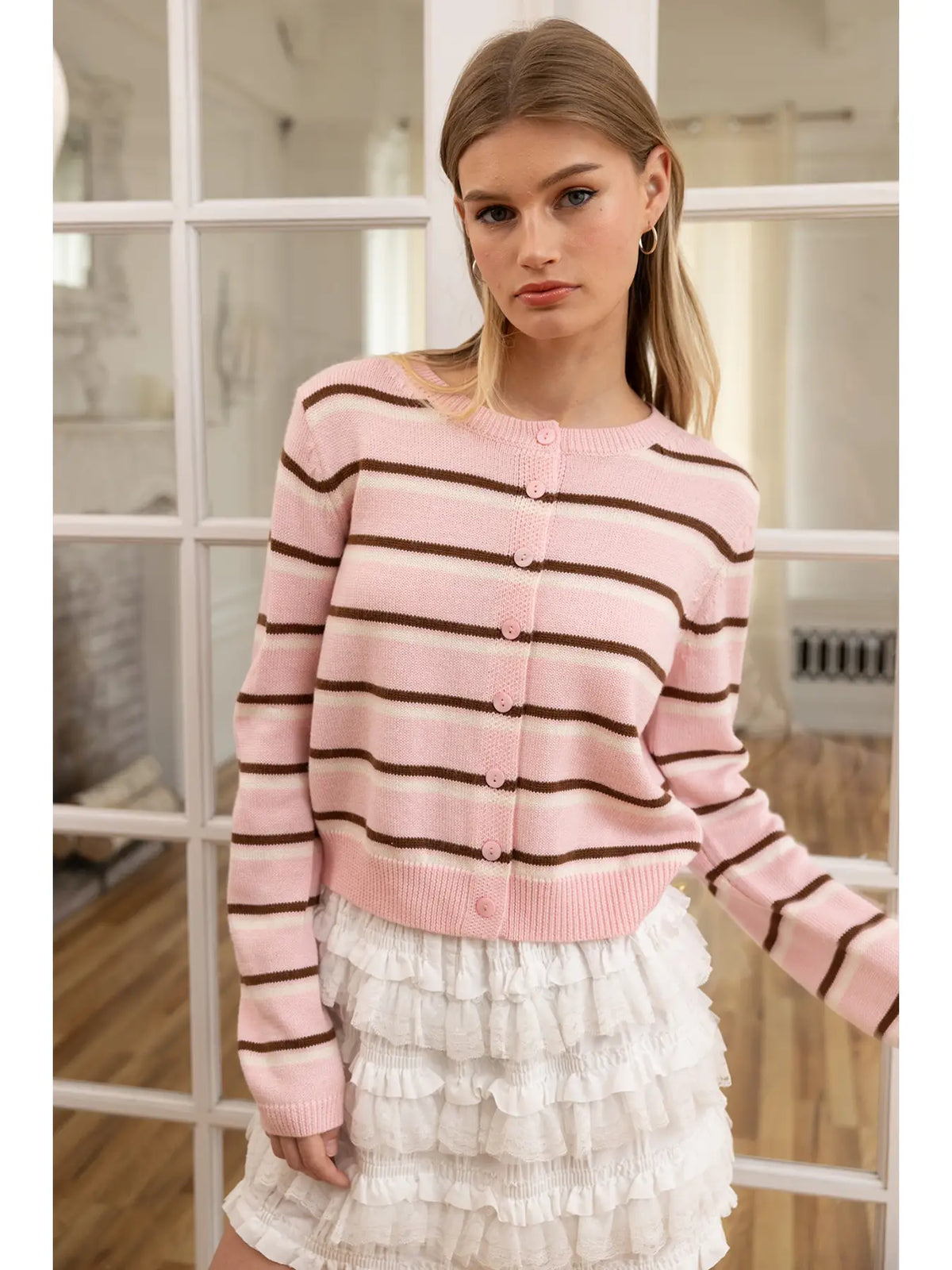 Blush Mocha Striped Button-Up Knit Cardigan