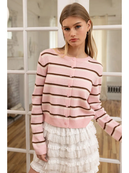 Blush Mocha Striped Button-Up Knit Cardigan