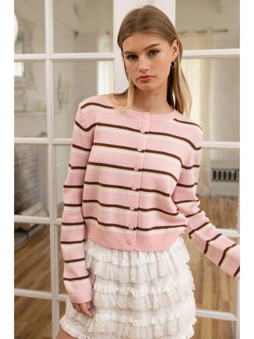 Blush Mocha Striped Button-Up Knit Cardigan