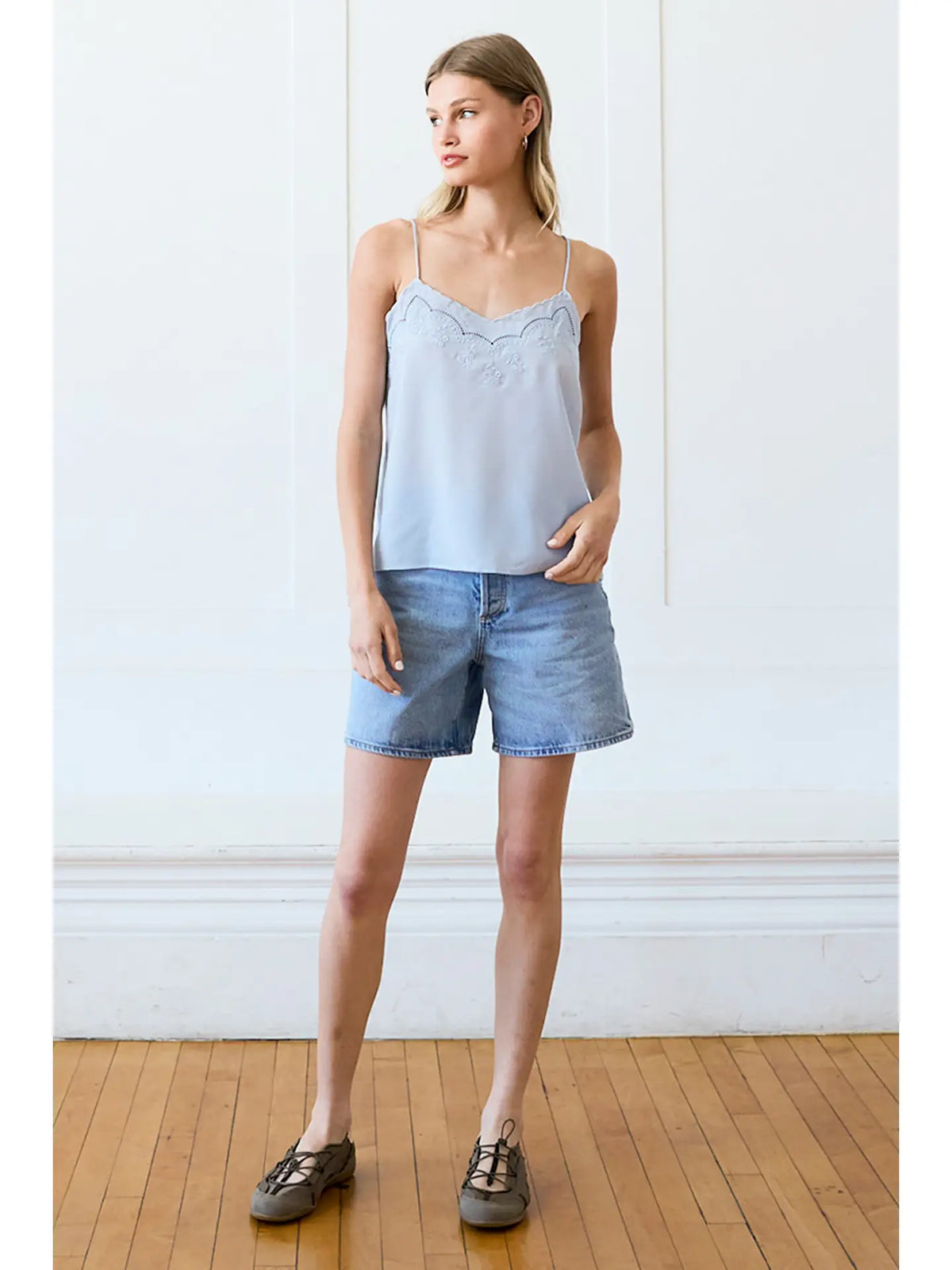 Powder Blue Lace Trim Embroidered Cami Top