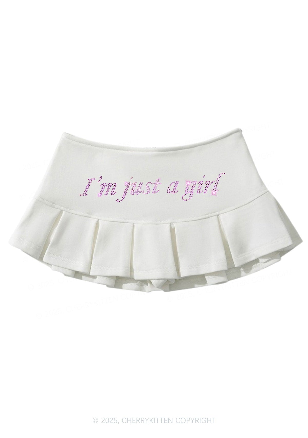 Rhinestone Just A Girl Y2K Mini Pleated Skirts Cherrykitten