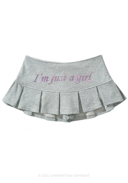 Rhinestone Just A Girl Y2K Mini Pleated Skirts Cherrykitten