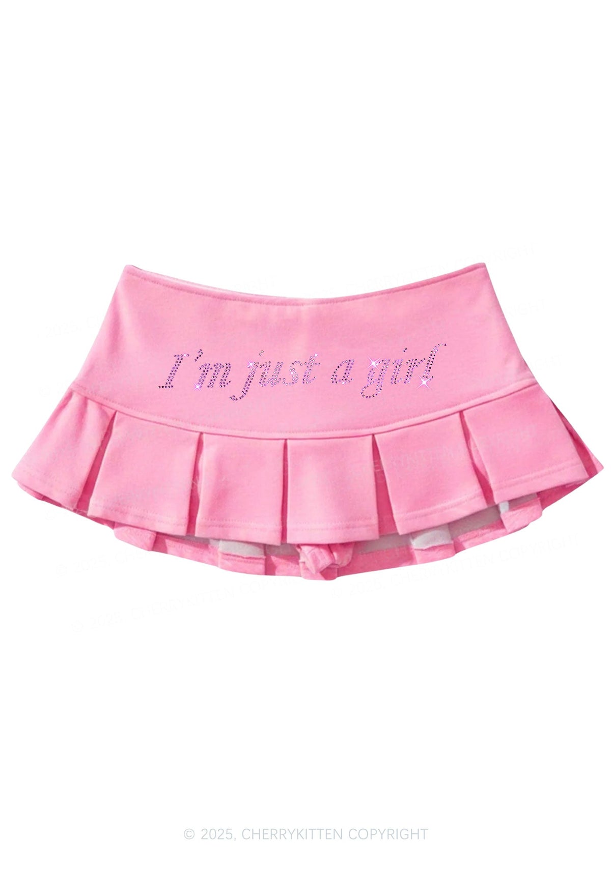 Rhinestone Just A Girl Y2K Mini Pleated Skirts Cherrykitten
