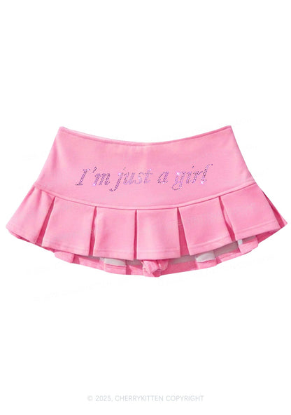 Rhinestone Just A Girl Y2K Mini Pleated Skirts Cherrykitten
