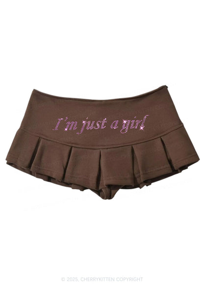 Rhinestone Just A Girl Y2K Mini Pleated Skirts Cherrykitten