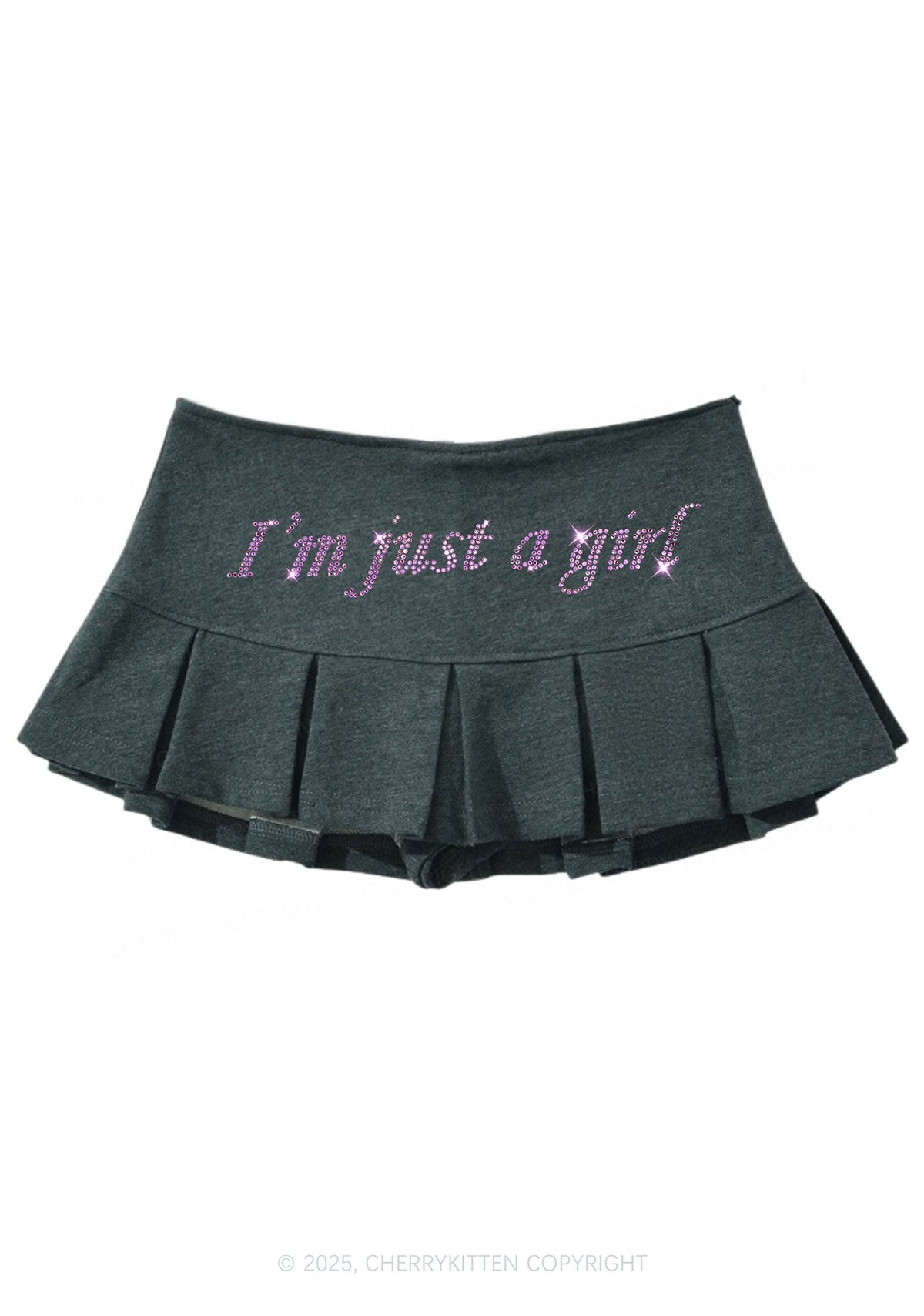 Rhinestone Just A Girl Y2K Mini Pleated Skirts Cherrykitten