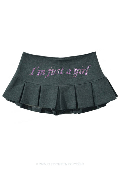 Rhinestone Just A Girl Y2K Mini Pleated Skirts Cherrykitten